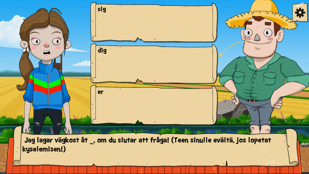Animaatiohahmoja keskustelemassa ruotsiksi ja suomeksi. 